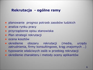 Rekrutacja  - ogólne ramy planowanie  prognoz potrzeb zasobów ludzkich analiza rynku pracy przyrządzenie opisu stanowiska Plan strategii rekrutacji ocena kosztów określenie obszaru rekrutacji (media, urzędy zatrudnienia, firmy konsultingowe, krąg znajomych …) typowanie właściwych osób w przebieg rekrutacji określenie charakteru i metody oceny aplikantów 