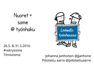 Nuoret +
some
@ työnhaku
Johanna Janhonen @jjanhone
Piilotettu aarre @piilotettuaarre
26.5. & 31.5.2016
#rekrysome
Tiimivoima
 