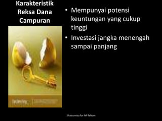Karakteristik
Reksa Dana
Campuran
• Mempunyai potensi
keuntungan yang cukup
tinggi
• Investasi jangka menengah
sampai panjang
Khairunnisa for IM-Telkom
 