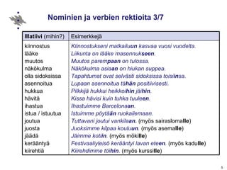 Nominien ja verbien rektioita 3/7 Kiinnostukseni matkailu un  kasvaa vuosi vuodelta. Liikunta on lääke masennuk seen . Muutos parem paan  on tulossa. Näkökulma asia an  on hiukan suppea.  Tapahtumat ovat selvästi sidoksissa toisi in sa. Lupaan asennoitua tä hän  positiivisesti. Pilkkijä hukkui heikkoi hin  jäi hin . Kissa hävisi kuin tuhka tuule en . Ihastuimme Barcelona an . Istuimme pöytä än  ruokailemaan. Tuttavani joutui vankila an.  (myös sairasloma lle ) Juoksimme kilpaa koulu un .  (myös asema lle ) Jäimme koti in .  (myös möki lle )  Festivaaliyleisö kerääntyi lavan ete en .   (myös kadu lle ) Kiirehdimme töi hin .  (myös kurssi lle ) kiinnostus  lääke  muutos näkökulma  olla sidoksissa asennoitua hukkua hävitä  ihastua  istua / istuutua  joutua juosta  jäädä kerääntyä  kiirehtiä  Esimerkkejä Illatiivi  (mihin?) 