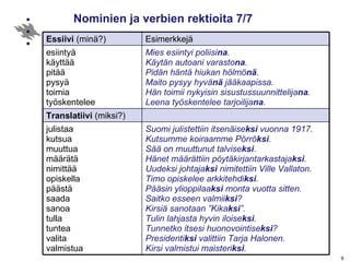 Nominien ja verbien rektioita 7/7 Translatiivi  (miksi?) Mies esiintyi poliisi na . Käytän autoani varasto na . Pidän häntä hiukan hölmö nä . Maito pysyy hyvä nä  jääkaapissa. Hän toimii nykyisin sisustussuunnittelija na . Leena työskentelee tarjoilija na . esiintyä käyttää pitää pysyä toimia työskentelee Suomi julistettiin itsenäise ksi  vuonna 1917. Kutsumme koiraamme Pörrö ksi . Sää on muuttunut talvise ksi . Hänet määrättiin pöytäkirjantarkastaja ksi . Uudeksi johtaja ksi  nimitettiin Ville Vallaton. Timo opiskelee arkkitehdi ksi . Pääsin ylioppilaa ksi  monta vuotta sitten. Saitko esseen valmii ksi ? Kirsiä sanotaan ”Kika ksi ”. Tulin lahjasta hyvin iloise ksi . Tunnetko itsesi huonovointise ksi ? Presidenti ksi  valittiin Tarja Halonen.  Kirsi valmistui maisteri ksi . julistaa kutsua muuttua määrätä nimittää opiskella päästä saada sanoa tulla tuntea valita valmistua Esimerkkejä Essiivi  (minä?) 