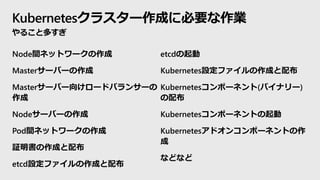 Kubernetesクラスター作成に必要な作業
やること多すぎ
etcdの起動
Kubernetes設定ファイルの作成と配布
Kubernetesコンポーネント(バイナリー)
の配布
Kubernetesコンポーネントの起動
Kubernetesアドオンコンポーネントの作
成
などなど
Node間ネットワークの作成
Masterサーバーの作成
Masterサーバー向けロードバランサーの
作成
Nodeサーバーの作成
Pod間ネットワークの作成
証明書の作成と配布
etcd設定ファイルの作成と配布
 