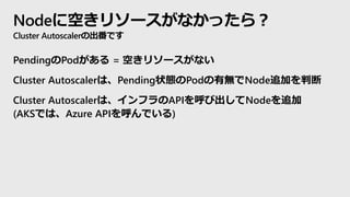 Nodeに空きリソースがなかったら？
Cluster Autoscalerの出番です
PendingのPodがある = 空きリソースがない
Cluster Autoscalerは、Pending状態のPodの有無でNode追加を判断
Cluster Autoscalerは、インフラのAPIを呼び出してNodeを追加
(AKSでは、Azure APIを呼んでいる)
 