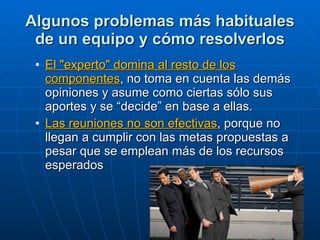 Algunos problemas más habituales de un equipo y cómo resolverlos El "experto" domina al resto de los componentes , no toma en cuenta las demás opiniones y asume como ciertas sólo sus aportes y se “decide” en base a ellas. Las reuniones no son efectivas , porque no llegan a cumplir con las metas propuestas a pesar que se emplean más de los recursos esperados 