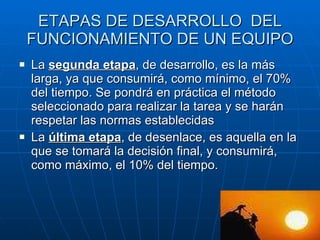 La  segunda etapa , de desarrollo, es la más larga, ya que consumirá, como mínimo, el 70% del tiempo. Se pondrá en práctica el método seleccionado para realizar la tarea y se harán respetar las normas establecidas  La  última etapa , de desenlace, es aquella en la que se tomará la decisión final, y consumirá, como máximo, el 10% del tiempo. ETAPAS DE DESARROLLO  DEL FUNCIONAMIENTO DE UN EQUIPO 