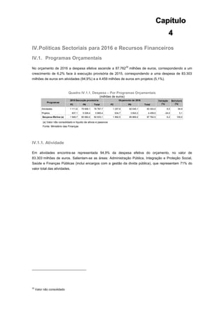 Capítulo
4
IV.Políticas Sectoriais para 2016 e Recursos Financeiros
IV.1. Programas Orçamentais
No orçamento de 2016 a despesa efetiva ascende a 87.762
32
milhões de euros, correspondendo a um
crescimento de 6,2% face à execução provisória de 2015, correspondendo a uma despesa de 83.303
milhões de euros em atividades (94,9%) e a 4.459 milhões de euros em projetos (5,1%).
Quadro IV.1.1. Despesa – Por Programas Orçamentais
(milhões de euros)
(a) Valor não consolidado e líquido de ativos e passivos
Fonte: Ministério das Finanças
IV.1.1. Atividade
Em atividades encontra-se representada 94,9% da despesa efetiva do orçamento, no valor de
83.303 milhões de euros. Salientam-se as áreas: Administração Pública, Integração e Proteção Social,
Saúde e Finanças Públicas (inclui encargos com a gestão da divida pública), que representam 71% do
valor total das atividades.
32
Valor não consolidado
FC FN Total FC FN Total
Atividades 1 111,6 75 656,1 76 767,7 1 257,9 82 045,1 83 303,0 8,5 94,9
Projetos 837,1 5 028,4 5 865,4 634,7 3 824,3 4 459,0 -24,0 5,1
Despesa Efetiva (a) 1 948,7 80 684,4 82 633,1 1 892,5 85 869,4 87 762,0 6,2 100,0
Programas
2015 Execução provisória Orçamento de 2016 Variação
(%)
Estrutura
(%)
 
