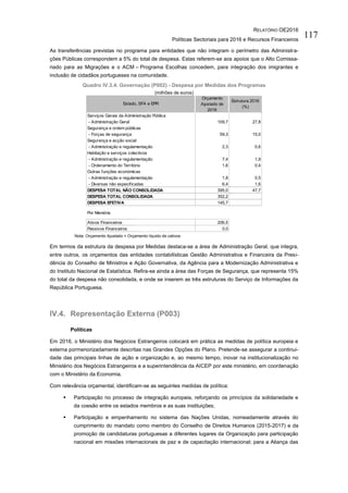 RELATÓRIO OE2016
Políticas Sectoriais para 2016 e Recursos Financeiros
117
As transferências previstas no programa para entidades que não integram o perímetro das Administra-
ções Públicas correspondem a 5% do total de despesa. Estas referem-se aos apoios que o Alto Comissa-
riado para as Migrações e o ACM – Programa Escolhas concedem, para integração dos imigrantes e
inclusão de cidadãos portugueses na comunidade.
Quadro IV.3.4. Governação (P002) - Despesa por Medidas dos Programas
(milhões de euros)
Nota: Orçamento Ajustado = Orçamento líquido de cativos
Em termos da estrutura da despesa por Medidas destaca-se a área de Administração Geral, que integra,
entre outros, os orçamentos das entidades contabilísticas Gestão Administrativa e Financeira da Presi-
dência do Conselho de Ministros e Ação Governativa, da Agência para a Modernização Administrativa e
do Instituto Nacional de Estatística. Refira-se ainda a área das Forças de Segurança, que representa 15%
do total da despesa não consolidada, e onde se inserem as três estruturas do Serviço de Informações da
República Portuguesa.
IV.4. Representação Externa (P003)
Políticas
Em 2016, o Ministério dos Negócios Estrangeiros colocará em prática as medidas de política europeia e
externa pormenorizadamente descritas nas Grandes Opções do Plano. Pretende-se assegurar a continui-
dade das principais linhas de ação e organização e, ao mesmo tempo, inovar na institucionalização no
Ministério dos Negócios Estrangeiros e a superintendência da AICEP por este ministério, em coordenação
com o Ministério da Economia.
Com relevância orçamental, identificam-se as seguintes medidas de política:
 Participação no processo de integração europeia, reforçando os princípios da solidariedade e
da coesão entre os estados membros e as suas instituições;
 Participação e empenhamento no sistema das Nações Unidas, nomeadamente através do
cumprimento do mandato como membro do Conselho de Direitos Humanos (2015-2017) e da
promoção de candidaturas portuguesas a diferentes lugares da Organização para participação
nacional em missões internacionais de paz e de capacitação internacional; para a Aliança das
Serviços Gerais da Administração Pública
- Administração Geral 109,7 27,8
Segurança e ordem públicas
- Forças de segurança 59,3 15,0
Segurança e acção social
- Administração e regulamentação 2,3 0,6
Habitação e serviços colectivos
- Administração e regulamentação 7,4 1,9
- Ordenamento do Território 1,6 0,4
Outras funções económicas
- Administração e regulamentação 1,8 0,5
- Diversas não especificadas 6,4 1,6
DESPESA TOTAL NÃO CONSOLIDADA 395,0 47,7
DESPESA TOTAL CONSOLIDADA 352,2
DESPESA EFETIVA 145,7
Por Memória
Ativos Financeiros 206,5
Passivos Financeiros 0,0
Estado, SFA e EPR
Orçamento
Ajustado de
2016
Estrutura 2016
(%)
 