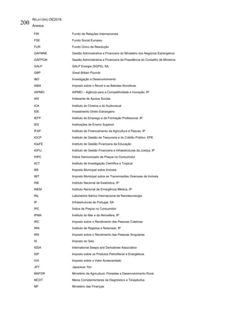 RELATÓRIO OE2016
Anexos
200
FRI Fundo de Relações Internacionais
FSE Fundo Social Europeu
FUR Fundo Único de Resolução
GAFMNE Gestão Administrativa e Financeira do Ministério dos Negócios Estrangeiros
GAFPCM Gestão Administrativa e Financeira da Presidência do Conselho de Ministros
GALP GALP Energia (SGPS), SA
GBP Great Britain Pounds
I&D Investigação e Desenvolvimento
IABA Imposto sobre o Álcool e as Bebidas Alcoólicas
IAPMEI IAPMEI – Agência para a Competitividade e Inovação, IP
IAS Indexante de Apoios Sociais
ICA Instituto do Cinema e do Audiovisual
IDE Investimento Direto Estrangeiro
IEFP Instituto do Emprego e da Formação Profissional, IP
IES Instituições de Ensino Superior
IFAP Instituto de Financiamento da Agricultura e Pescas, IP
IGCP Instituto de Gestão da Tesouraria e do Crédito Público, EPE
IGeFE Instituto de Gestão Financeira da Educação
IGFIJ Instituto de Gestão Financeira e Infraestruturas da Justiça, IP
IHPC Índice Harmonizado de Preços no Consumidor
IICT Instituto de Investigação Científica e Tropical
IMI Imposto Municipal sobre Imóveis
IMT Imposto Municipal sobre as Transmissões Onerosas de Imóveis
INE Instituto Nacional de Estatística, IP
INEM Instituto Nacional de Emergência Médica, IP
INL Laboratório Ibérico Internacional de Nanotecnologia
IP Infraestruturas de Portugal, SA
IPC Índice de Preços no Consumidor
IPMA Instituto do Mar e da Atmosfera, IP
IRC Imposto sobre o Rendimento das Pessoas Coletivas
IRN Instituto de Registos e Notariado, IP
IRS Imposto sobre o Rendimento das Pessoas Singulares
IS Imposto do Selo
ISDA International Swaps and Derivatives Association
ISP Imposto sobre os Produtos Petrolíferos e Energéticos
IVA Imposto sobre o Valor Acrescentado
JPY Japanese Yen
MAFDR Ministério da Agricultura, Florestas e Desenvolvimento Rural
MCDT Meios Complementares de Diagnóstico e Terapêutica
MF Ministério das Finanças
 