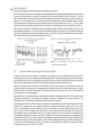 RELATÓRIO OE2016
Economia Portuguesa: Evolução Recente e Perspetivas para 2016
16
Outro indicador relevante para a avaliação da sustentabilidade das responsabilidades financeiras externas
da economia portuguesa é a posição de investimento internacional líquida. Após se fixar em -113% do
PIB no final de 2014, esta evoluiu favoravelmente durante os primeiros nove meses de 2015, situando-se
agora em -112,3% do PIB. Tanto o crescimento nominal do PIB como o efeito transação (saldo da balan-
ça de pagamentos) contribuíram para a redução do rácio da PII (contributo de 2,7 p.p. e 1,7 p.p.), sendo
posteriormente compensado parcialmente por um efeito de revalorização de ativos e passivos (-3.6 p.p.).
Nos setores institucionais, verifica-se que esta evolução resulta sobretudo da melhoria de 3,9 p.p. nas
administrações públicas e, em menor escala, do desagravamento da posição da autoridade monetária e
das outras instituições financeiras monetárias (0,6 p.p. em ambos os casos). Inversamente, as sociedades
não financeiras viram a sua posição agravada em 3,2 p.p..
Gráfico I.2.17. Posição de Investimento
Internacional (PII)
(% PIB)
Gráfico I.2.18. Decomposição dos Efeitos da
PII
(diferenças anuais, p.p. do PIB)
Fontes: BdP e INE. Fontes: BdP, INE, cálculos MF.
I.3. Cenário Macroeconómico para 2016
O cenário macroeconómico reflete a informação mais recente sobre a atividade económica nacional e
internacional, bem como as medidas perspetivadas para 2016, cujo impacto estimado se encontra expos-
to em tabela anexa. Entre a informação incorporada conta-se a revisão das Contas Nacionais no período
2013-2014 e a publicação de Contas Trimestrais para os primeiros três trimestres do ano.
Para 2015, projeta-se um crescimento real do PIB de 1,5%, 0,6 p.p. superior ao observado em 2014. Em
termos trimestrais, espera-se que a recuperação da atividade económica acelere ligeiramente no último
trimestre do ano, tanto pela manutenção de contributos positivos da procura interna, como pela melhoria
do comportamento das exportações.
Esta estimativa é sustentada não só pelos dados trimestrais divulgados pelo INE, mas também pelos
indicadores avançados e coincidentes de atividade económica, divulgados por várias instituições, em
conjugação com os indicadores qualitativos de expectativas económicas.
A estimativa para 2015 do PIB, em volume, representa uma revisão em baixa face ao Programa de Esta-
bilidade (PE), resultado de uma revisão em alta do contributo da procura interna (de 1,6 p.p. para
2,2 p.p.), compensado por uma revisão em baixa do contributo da procura externa líquida (de 0,1 p.p.
para -0,7 p.p.). Para a evolução mais favorável da procura global concorreram todas as componentes,
com destaque para as exportações (+0,3 p.p.) e consumo privado (+0,7 p.p.), facto que, juntamente com
as alterações registadas nos termos de troca, se reflete num crescimento superior das importações face
ao cenário inicial (+2,3 p.p.). Assim, a economia portuguesa deverá apresentar uma capacidade líquida de
financiamento face ao exterior equivalente a 2,0% do PIB, registando a balança corrente um saldo positi-
vo de 0,6% do PIB. Destaque-se, ainda, a revisão em alta do deflator do PIB, cujo crescimento médio
homólogo deverá ser de 1,9% (1,3% no PE).
-130
-110
-90
-70
-50
-30
-10
10
30
2003
2004
2005
2006
2007
2008
2009
2010
2011
2012
2013
2014
2014I
II
III
IV
2015I
II
III
AP's Outras Instituições Financeiras
Autoridade Monetária Outros Setores Residentes
-15.0
-10.0
-5.0
0.0
5.0
10.0
15.0
2003
2004
2005
2006
2007
2008
2009
2010
2011
2012
2013
2014
2014I
II
III
IV
2015I
II
III
Efeito PIB Efeito transação Efeito valorização Diferença
 