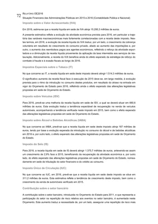 RELATÓRIO OE2016
Situação Financeira das Administrações Públicas em 2015 e 2016 (Contabilidade Pública e Nacional)
72
Imposto sobre o Valor Acrescentado (IVA)
Em 2016, estima-se que a receita líquida em sede de IVA atinja 15.295,3 milhões de euros.
A presente estimativa reflete a evolução da atividade económica prevista para 2016, em particular a traje-
tória das variáveis macroeconómicas mais fortemente correlacionadas com a receita deste imposto. Nes-
tes termos, em 2016, a evolução da receita líquida do IVA traduz, por um lado, o crescimento da cobrança
voluntária em resultado do crescimento do consumo privado, aliado ao aumento das importações e, por
outro, o aumento dos reembolsos pagos aos agentes económicos, refletindo o reforço da atividade expor-
tadora e a diminuição da receita líquida proveniente da aplicação da taxa intermédia aos serviços de res-
tauração. Adicionalmente, a receita do IVA beneficia ainda do efeito esperado da estratégia de reforço do
combate à fraude e à evasão fiscais ao longo de 2016.
Impostos Especiais sobre o Tabaco (IT)
No que concerne ao IT, a receita líquida em sede deste imposto deverá atingir 1.514,3 milhões de euros.
O significativo aumento da receita fiscal face à execução de 2015 deve-se, em larga medida, à evolução
prevista para o ritmo da introdução no consumo destes produtos, em resultado do atraso na entrada em
vigor do Orçamento de Estado para 2016, refletindo ainda o efeito esperado das alterações legislativas
propostas em sede de Orçamento do Estado.
Imposto sobre Veículos (ISV)
Para 2016, prevê-se uma melhoria da receita líquida em sede de ISV, a qual se deverá situar em 660,6
milhões de euros. Esta evolução traduz a tendência expectável de recuperação na venda de veículos
automóveis, acompanhando a tendência verificada neste imposto em 2015, bem como o efeito esperado
das alterações legislativas propostas em sede de Orçamento do Estado.
Imposto sobre Álcool e Bebidas Alcoólicas (IABA)
No que concerne ao IABA, prevê-se que a receita líquida em sede deste imposto atinja 187 milhões de
euros, tendo por base a evolução esperada da introdução no consumo do álcool e de bebidas alcoólicas
em 2016 e, por outro lado, o efeito esperado das alterações legislativas propostas em sede de Orçamento
do Estado.
Imposto do Selo (IS)
Para 2016, a receita líquida em sede de IS deverá atingir 1.375,7 milhões de euros, antevendo-se assim
um crescimento de 2,9% face a 2015, beneficiando da recuperação da atividade económica e, por outro
lado, do efeito esperado das alterações legislativas propostas em sede de Orçamento do Estado, nomea-
damente em sede de tributação do setor financeiro e do crédito ao consumo.
Imposto Único de Circulação (IUC)
No que concerne ao IUC, em 2016, prevê-se que a receita líquida em sede deste imposto se situe em
311,2 milhões de euros. Esta estimativa reflete a tendência de crescimento deste imposto, bem como o
crescimento da venda de automóveis verificado em 2015.
Contribuição sobre o setor bancário
A contribuição sobre o setor bancário, introduzida no Orçamento do Estado para 2011, e que representa a
participação do setor na repartição de risco relativa aos eventos no setor bancário, é aumentada neste
Orçamento. Este aumento traduz a necessidade de, por um lado, assegurar uma repartição de risco mais
 
