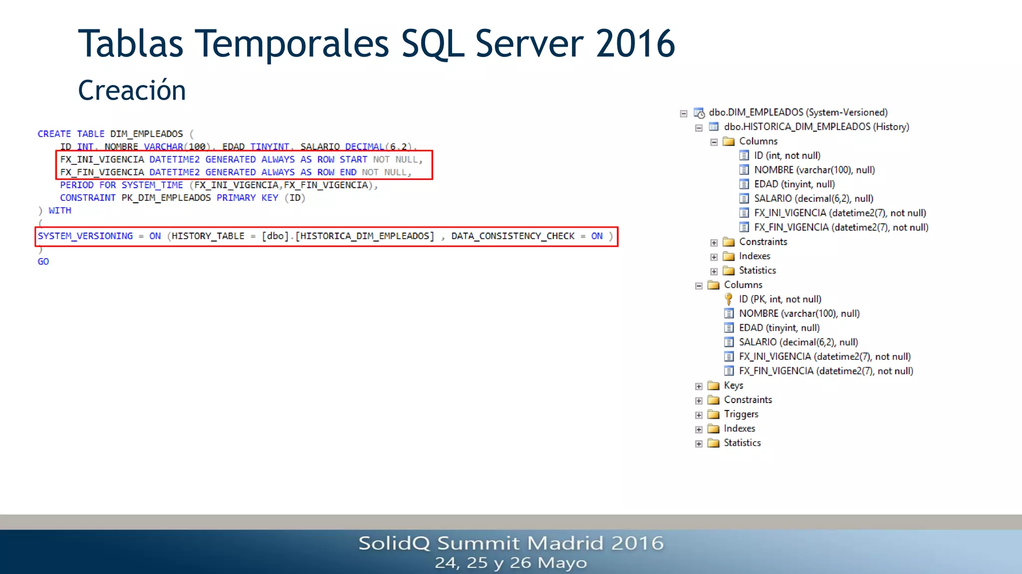 Tablas Temporales SQL Server 2016
Creación
 