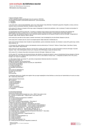^l Sigla da Instituição O BECP
^s Cota O (seguida da sigla de identificação do tipo de suporte ex: DVD/VHS)
^6 Empréstimo domiciliário O (Normalmente selecciona-se 1 (zero=emprestável)
F = Facultativo
O = Obrigatório

(1) No campo 200, a nível de responsabilidades, optou-se por indicar apenas 3 tipos diferentes (^f realizador^g argumento, fotografia ou música), sendo as
restantes, quando consideradas relevantes, indicadas no campo notas 322.

(2) No campo 215, indica-se a duração do filme logo a seguir à designação do material entre parêntesis, e não no subcampo ^d relativo às dimensões:^a1
disco óptico (DVD) (113 min.).

(3) (especificações para DVD) No campo 303, 1ª ocorrência, é indicada a língua original do documento seguida da indicação entre parêntesis das
especificações dos canais ou saídas de som, tal como aparece indicado na fonte de informação: ^aLíngua original: Russo (Dolby Digital 5.1)
Na 2ª ocorrência, são indicadas as línguas em que o documento aparece legendado tal como aparece indicado na fonte de informação: ^aLegendado em
português, inglês, francês, espanhol, italiano e alemão.

(4) No campo 304, para além do título original, é também mencionado o caso de adaptação de uma obra literária: Baseado na obra de….

(5) No campo 305, é indicado caso de o caso de uma edição especial: edição restaurada, remasterizada, etc.

(6) No campo 322 são indicadas outras menções de responsabilidade, quando consideradas relevantes, não indicadas no campo 200: guarda-roupa, cenário,
efeitos especiais, etc.

( 7) No campo 323, notas relativas ao elenco, são destacados nomes de actores até ao nº limite de 5: ^aElenco: Charles Chaplin, Claire Bloom, Sydney
Chaplin, Buster Keaton, Marjore Bennett.

(8) No campo 327, notas de conteúdo, indica-se a nível dos DVD, os extras, para além do filme, que são mencionados na fonte de informação: ^aContém:
Capítulos; Trailer; Fotos; Biofilmografia de David Lynch; Imprensa; DVD-ROM (artigos e dossier de imprensa, fotos).

(9) No campo 333, é indicada a faixa etária mencionada na fonte de informação: ^aMaiores de 12 anos.

(10) No campo 337, nota relativa aos pormenores técnicos, são indicados os requisitos do sistema, ou seja, as características técnicas indicadas na fonte de
informação de acordo com a seguinte ordem: tipo de DVD (9, 5); PAL ou outro sistema; Formato; Écran…:^a Requisitos do sistema: DVD 9; PAL zona 2;
Formato 1.33:1; Écran 4:3 compatível.

(11) São criadas entradas, nos campos 70-, para todos os responsáveis intelectuais descritos no documento.
Preenchimento do campo 100
Posição dos caracteres Valor de preenchimento
0-7 Data de entrada do registo Preencher de acordo com: AAAA-MM-DD
8 Tipo de data de publicação D
9-12 Data de publicação YYYY
17-19 Código de audiência ?
20 Publicação Governamental ?
21 0
22-24 Língua da catalogação Por
25 Código de transliteração Y
26-29 01 – 03
34-35 Escrita Ba

A metodologia referida para a ligação entre registos vídeo que sejam adaptações de obras literárias ou outras deve ser implementada com recurso ao campo
488 – Outras obras relacionadas.

Campo Subcampo Preenchimento
488 ^a (Autor) O
^c (Local de Publicação) O
^d (Data de publicação) O
^p (Descrição física) O
^t (Título) O
^u (URL) O se aplicável
^v (Nº do volume) O se aplicável
O = Obrigatório


8.4 Documentos Electrónicos
Campo Sub Descrição Notas
010 ^a Número Internacional Normalizado dos Livros – ISBN O Caso exista no item
021 ^a Número do depósito legal – Código do país O Caso exista no item
^b Número O
100 ^a Dados Gerais de processamento O 20050517
101 ^a Língua da Publicação O
102 ^a País de Publicação O
200 ^a Título e menção de responsabilidade – Título próprio O
^b Natureza do documento F [documento electrónico]
^e Título e menção de responsabilidade – Informação de outro título F
^f Título e menção de responsabilidade – Primeira menção de responsabilidade O
^g Título e menção de responsabilidade – Outras menções de responsabilidade F
210 ^a Publicação, Distribuição, etc. – Lugar da edição, distribuição, etc. O
^c Publicação, Distribuição, etc. – Nome do editor, distribuidor, etc. O
^d Publicação, Distribuição, etc. – Data da publicação, distribuição, etc. O
215 ^a Descrição física – Indicação específica da natureza do documento F 1 disco óptico
225 ^a Título próprio da Colecção O
230 ^a Documentos electrónicos – Design/Extensão F (1)
300 ^a Notas gerais F
304 ^a Notas Título/responsabilidade F (2)
327 ^a Notas de conteúdo F
333 ^a Notas utilizadores F
336 ^a Ficheiro de computador F (3)
337 ^a Notas pormenores técnicos F Requisitos do sistema (4)
  Relatório de auto-avaliação
  1007156 Escola Básica dos 2.º e 3.º Ciclos do Dr. Bissaya Barreto
  2010/10/07 13:41:48
  34/72
 