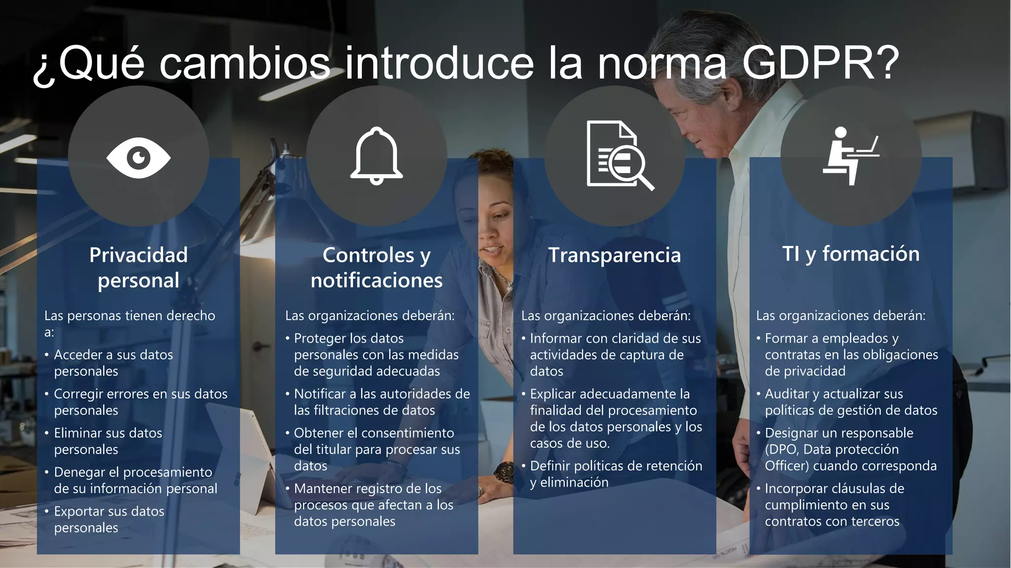 ¿Qué cambios introduce la norma GDPR?
Privacidad
personal
Controles y
notificaciones
Transparencia TI y formación
Las organizaciones deberán:
• Formar a empleados y
contratas en las obligaciones
de privacidad
• Auditar y actualizar sus
políticas de gestión de datos
• Designar un responsable
(DPO, Data protección
Officer) cuando corresponda
• Incorporar cláusulas de
cumplimiento en sus
contratos con terceros
Las organizaciones deberán:
• Proteger los datos
personales con las medidas
de seguridad adecuadas
• Notificar a las autoridades de
las filtraciones de datos
• Obtener el consentimiento
del titular para procesar sus
datos
• Mantener registro de los
procesos que afectan a los
datos personales
Las personas tienen derecho
a:
• Acceder a sus datos
personales
• Corregir errores en sus datos
personales
• Eliminar sus datos
personales
• Denegar el procesamiento
de su información personal
• Exportar sus datos
personales
Las organizaciones deberán:
• Informar con claridad de sus
actividades de captura de
datos
• Explicar adecuadamente la
finalidad del procesamiento
de los datos personales y los
casos de uso.
• Definir políticas de retención
y eliminación
 