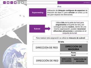 u n i d a d 7
IPv4
Utiliza bits de la parte de host para
asignárselos a la parte de red y así
conseguir que los routers, dentro de una
misma organización, puedan reconocer
diferentes ubicaciones o subredes en el
conjunto de la red.
Subred
Superneeting
Utilización de bloques contiguos de espacios de
dirección de clase C para simular un único y a la
vez gran espacio de direcciones.
Para realizar esta asignación se utiliza la máscara de subred.
 