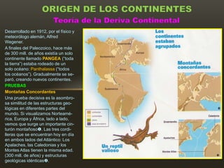 ORIGEN DE LOS CONTINENTES
                         Teoría de la Deriva Continental
Desarrollado en 1912, por el físico y
meteorólogo alemán, Alfred
Wegener.
A finales del Paleozoico, hace más
de 300 mill. de años existía un solo
continente llamado PANGEA (“toda
la tierra”) estaba rodeado de un
solo océano: Panthalassa (“todos
los océanos”). Gradualmente se se-
paró, creando nuevos continentes.
PRUEBAS
Montañas Concordantes
Una prueba decisiva es la asombro-
sa similitud de las estructuras geo-
lógicas en diferentes partes del
mundo. Si visualizamos Norteamé-
rica, Europa y África, lado a lado,
vemos que surge un importante cin-
turón montañoso. Las tres cordi-
lleras que se encuentran hoy en día
en ambos lados del Atlántico: Los
Apalaches, las Caledonias y los
Montes Atlas tienen la misma edad.
(300 mill. de años) y estructuras
geológicas idénticas.
 