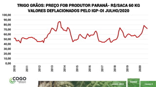 PÁGINA 3
ÍNDICE
AGOSTO 2020
0,00
10,00
20,00
30,00
40,00
50,00
60,00
70,00
80,00
90,00
100,00 2010
2011
2012
2013
2014
2015
2016
2017
2018
2019
2020
TRIGO GRÃOS: PREÇO FOB PRODUTOR PARANÁ- R$/SACA 60 KG
VALORES DEFLACIONADOS PELO IGP-DI JULHO/2020
 