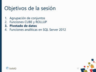 Objetivos de la sesión
1.
2.
3.
4.

Agrupación de conjuntos
Funciones CUBE y ROLLUP
Pivotado de datos
Funciones analíticas en SQL Server 2012

12

 