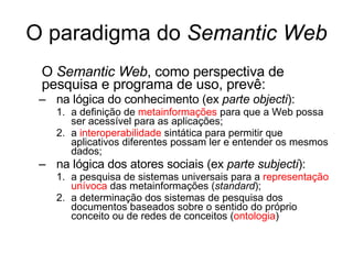 O paradigma do  Semantic Web O  Semantic Web , como perspectiva de pesquisa e programa de uso, prev ê : na lógica do conhecimento (ex  parte objecti ): a definiç ão de  metainformações  para que a Web possa ser acessível para as aplicações; a  interoperabilidade  sintática para permitir que aplicativos diferentes possam ler e entender os mesmos dados; na lógica dos atores sociais (ex  parte subjecti ): a pesquisa de sistemas universais para a  representaç ã o unívoca  das metainformações ( standard ); a determinaç ão dos sistemas de pesquisa dos documentos baseados sobre o sentido do próprio conceito ou de redes de conceitos  ( ontologia ) 