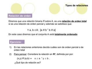 Tipos de relaciones
Relación de orden
Diremos que una relación binaria R sobre A, es una relación de orden total
si es una relación de orden parcial y además se satisface que:
 a, b A: [a R b  b R a]
En este caso diremos que el conjunto A está totalmente ordenado
Ejercicio:
1) En las relaciones anteriores decida cuáles son de orden parcial o de
orden total
2) Para pensar: Considere la relación en R2
, definida por por:
(x,y) R (a,b)  x  a  y  b .
¿Qué tipo de relación es?
 