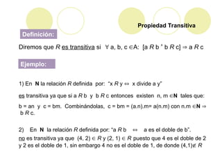 Propiedad Transitiva
Definición:
Ejemplo:
Diremos que R es transitiva si  a, b, c A: [a R b  b R c]  a R c
1) En N la relación R definida por: “x R y  x divide a y”
es transitiva ya que si a R b y b R c entonces existen n, m N tales que:
b = an y c = bm. Combinándolas, c = bm = (a.n).m= a(n.m) con n.m N 
b R c.
2) En N la relación R definida por: “a R b  a es el doble de b”.
no es transitiva ya que (4, 2)  R y (2, 1)  R puesto que 4 es el doble de 2
y 2 es el doble de 1, sin embargo 4 no es el doble de 1, de donde (4,1) R
 