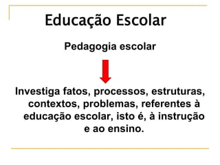 Pedagogia escolar
Investiga fatos, processos, estruturas,
contextos, problemas, referentes à
educação escolar, isto é, à instrução
e ao ensino.
Educação Escolar
 