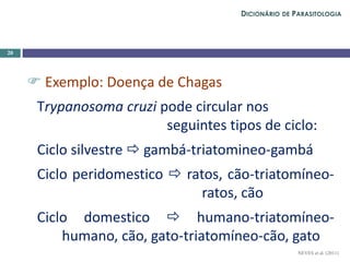  Exemplo: Doença de Chagas
Trypanosoma cruzi pode circular nos
seguintes tipos de ciclo:
Ciclo silvestre  gambá-triatomineo-gambá
Ciclo peridomestico  ratos, cão-triatomíneo-
ratos, cão
Ciclo domestico  humano-triatomíneo-
humano, cão, gato-triatomíneo-cão, gato
20
NEVES et al. (2011)
DICIONÁRIO DE PARASITOLOGIA
 
