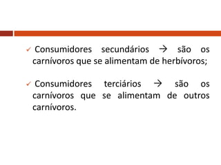  Consumidores secundários  são os
carnívoros que se alimentam de herbívoros;
 Consumidores terciários  são os
carnívoros que se alimentam de outros
carnívoros.
 