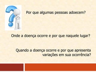 Por que algumas pessoas adoecem?
Onde a doença ocorre e por que naquele lugar?
Quando a doença ocorre e por que apresenta
variações em sua ocorrência?
 