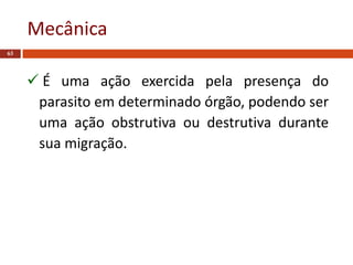 Mecânica
63
 É uma ação exercida pela presença do
parasito em determinado órgão, podendo ser
uma ação obstrutiva ou destrutiva durante
sua migração.
 