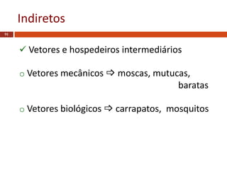 Indiretos
91
 Vetores e hospedeiros intermediários
o Vetores mecânicos  moscas, mutucas,
baratas
o Vetores biológicos  carrapatos, mosquitos
 