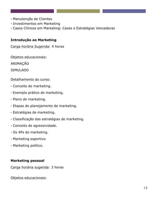 13
- Manutenção de Clientes
- Investimentos em Marketing
- Casos Clínicos em Marketing: Cases e Estratégias Vencedoras
Introdução ao Marketing
Carga horária Sugerida: 4 horas
Objetos educacionais:
ANIMAÇÃO
SIMULADO
Detalhamento do curso:
- Conceito de marketing.
- Exemplo prático de marketing.
- Plano de marketing.
- Etapas do planejamento de marketing.
- Estratégias de marketing.
- Classificação das estratégias de marketing.
- Conceito de agressividade.
- Os 4Ps do marketing.
- Marketing esportivo
- Marketing político.
Marketing pessoal
Carga horária sugerida: 3 horas
Objetos educacionais:
 
