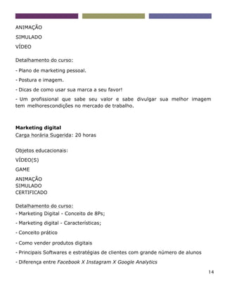 14
ANIMAÇÃO
SIMULADO
VÍDEO
Detalhamento do curso:
- Plano de marketing pessoal.
- Postura e imagem.
- Dicas de como usar sua marca a seu favor!
- Um profissional que sabe seu valor e sabe divulgar sua melhor imagem
tem melhorescondições no mercado de trabalho.
Marketing digital
Carga horária Sugerida: 20 horas
Objetos educacionais:
VÍDEO(S)
GAME
ANIMAÇÃO
SIMULADO
CERTIFICADO
Detalhamento do curso:
- Marketing Digital - Conceito de 8Ps;
- Marketing digital - Características;
- Conceito prático
- Como vender produtos digitais
- Principais Softwares e estratégias de clientes com grande número de alunos
- Diferença entre Facebook X Instagram X Google Analytics
 