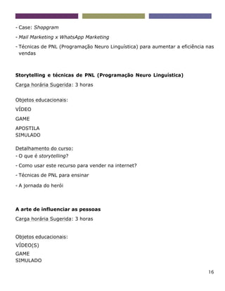 16
- Case: Shopgram
- Mail Marketing x WhatsApp Marketing
- Técnicas de PNL (Programação Neuro Linguística) para aumentar a eficiência nas
vendas
Storytelling e técnicas de PNL (Programação Neuro Linguística)
Carga horária Sugerida: 3 horas
Objetos educacionais:
VÍDEO
GAME
APOSTILA
SIMULADO
Detalhamento do curso:
- O que é storytelling?
- Como usar este recurso para vender na internet?
- Técnicas de PNL para ensinar
- A jornada do herói
A arte de influenciar as pessoas
Carga horária Sugerida: 3 horas
Objetos educacionais:
VÍDEO(S)
GAME
SIMULADO
 