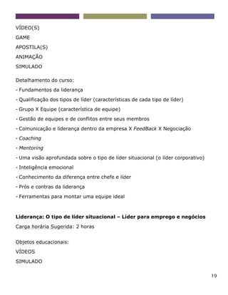19
VÍDEO(S)
GAME
APOSTILA(S)
ANIMAÇÃO
SIMULADO
Detalhamento do curso:
- Fundamentos da liderança
- Qualificação dos tipos de líder (características de cada tipo de líder)
- Grupo X Equipe (característica de equipe)
- Gestão de equipes e de conflitos entre seus membros
- Comunicação e liderança dentro da empresa X FeedBack X Negociação
- Coaching
- Mentoring
- Uma visão aprofundada sobre o tipo de líder situacional (o líder corporativo)
- Inteligência emocional
- Conhecimento da diferença entre chefe e líder
- Prós e contras da liderança
- Ferramentas para montar uma equipe ideal
Liderança: O tipo de líder situacional – Líder para emprego e negócios
Carga horária Sugerida: 2 horas
Objetos educacionais:
VÍDEOS
SIMULADO
 
