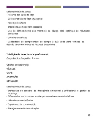 20
Detalhamento do curso:
- Resumo dos tipos de líder
- Características do líder situacional
- Foco no resultado
- Inteligência emocional necessário
- Uso do conhecimento dos membros da equipe para obtenção de resultados
desejados
- Dirimindo conflitos
- Capacidade de compreensão do campo a sua volta para tomada de
decisão tendo emmente os recursos disponíveis
Inteligência emocional e profissional
Carga horária Sugerida: 3 horas
Objetos educacionais:
VÍDEO(S)
GAME
ANIMAÇÃO
SIMULADO
Detalhamento do curso:
- Introdução do conceito de inteligência emocional e profissional e gestão da
mudança
- Dificuldades em promover mudanças no ambiente e no indivíduo
- Lidando com resistências
- O processo de comunicação
- Planejamento de comunicação
 