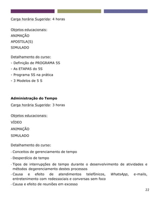 22
Carga horária Sugerida: 4 horas
Objetos educacionais:
ANIMAÇÃO
APOSTILA(S)
SIMULADO
Detalhamento do curso:
- Definição de PROGRAMA 5S
- As ETAPAS do 5S
- Programa 5S na prática
- 3 Modelos de 5 S
Administração do Tempo
Carga horária Sugerida: 3 horas
Objetos educacionais:
VÍDEO
ANIMAÇÃO
SIMULADO
Detalhamento do curso:
- Conceitos de gerenciamento de tempo
- Desperdício de tempo
- Tipos de interrupções de tempo durante o desenvolvimento de atividades e
métodos degerenciamento destes processos
- Causa e efeito de atendimentos telefônicos, WhatsApp, e-mails,
entretenimento com redessociais e conversas sem foco
- Causa e efeito de reuniões em excesso
 