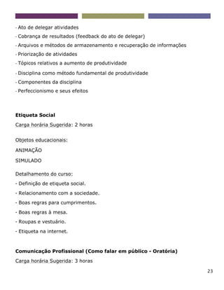 23
- Ato de delegar atividades
- Cobrança de resultados (feedback do ato de delegar)
- Arquivos e métodos de armazenamento e recuperação de informações
- Priorização de atividades
- Tópicos relativos a aumento de produtividade
- Disciplina como método fundamental de produtividade
- Componentes da disciplina
- Perfeccionismo e seus efeitos
Etiqueta Social
Carga horária Sugerida: 2 horas
Objetos educacionais:
ANIMAÇÃO
SIMULADO
Detalhamento do curso:
- Definição de etiqueta social.
- Relacionamento com a sociedade.
- Boas regras para cumprimentos.
- Boas regras à mesa.
- Roupas e vestuário.
- Etiqueta na internet.
Comunicação Profissional (Como falar em público - Oratória)
Carga horária Sugerida: 3 horas
 