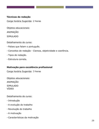 29
Técnicas de redação
Carga horária Sugerida: 2 horas
Objetos educacionais:
ANIMAÇÃO
SIMULADO
Detalhamento do curso:
- Países que falam o português.
- Conceitos de redação - Clareza, objetividade e coerência.
- Tipos de redação.
- Estrutura correta.
Motivação para excelência profissional
Carga horária Sugerida: 3 horas
Objetos educacionais:
ANIMAÇÃO
SIMULADO
VÍDEO
Detalhamento do curso:
- Introdução
- A evolução do trabalho
- Revolução do trabalho
- A motivação
- Características da motivação
 