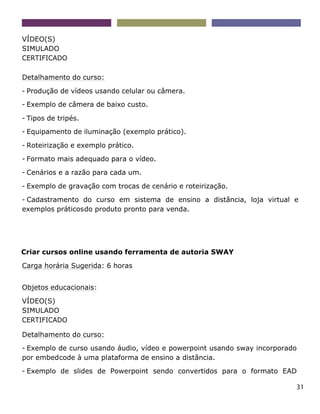 31
VÍDEO(S)
SIMULADO
CERTIFICADO
Detalhamento do curso:
- Produção de vídeos usando celular ou câmera.
- Exemplo de câmera de baixo custo.
- Tipos de tripés.
- Equipamento de iluminação (exemplo prático).
- Roteirização e exemplo prático.
- Formato mais adequado para o vídeo.
- Cenários e a razão para cada um.
- Exemplo de gravação com trocas de cenário e roteirização.
- Cadastramento do curso em sistema de ensino a distância, loja virtual e
exemplos práticosdo produto pronto para venda.
Criar cursos online usando ferramenta de autoria SWAY
Carga horária Sugerida: 6 horas
Objetos educacionais:
VÍDEO(S)
SIMULADO
CERTIFICADO
Detalhamento do curso:
- Exemplo de curso usando áudio, vídeo e powerpoint usando sway incorporado
por embedcode à uma plataforma de ensino a distância.
- Exemplo de slides de Powerpoint sendo convertidos para o formato EAD
 