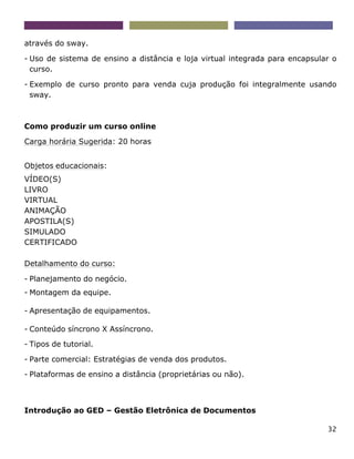 32
através do sway.
- Uso de sistema de ensino a distância e loja virtual integrada para encapsular o
curso.
- Exemplo de curso pronto para venda cuja produção foi integralmente usando
sway.
Como produzir um curso online
Carga horária Sugerida: 20 horas
Objetos educacionais:
VÍDEO(S)
LIVRO
VIRTUAL
ANIMAÇÃO
APOSTILA(S)
SIMULADO
CERTIFICADO
Detalhamento do curso:
- Planejamento do negócio.
- Montagem da equipe.
- Apresentação de equipamentos.
- Conteúdo síncrono X Assíncrono.
- Tipos de tutorial.
- Parte comercial: Estratégias de venda dos produtos.
- Plataformas de ensino a distância (proprietárias ou não).
Introdução ao GED – Gestão Eletrônica de Documentos
 