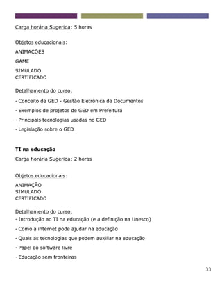 33
Carga horária Sugerida: 5 horas
Objetos educacionais:
ANIMAÇÕES
GAME
SIMULADO
CERTIFICADO
Detalhamento do curso:
- Conceito de GED - Gestão Eletrônica de Documentos
- Exemplos de projetos de GED em Prefeitura
- Principais tecnologias usadas no GED
- Legislação sobre o GED
TI na educação
Carga horária Sugerida: 2 horas
Objetos educacionais:
ANIMAÇÃO
SIMULADO
CERTIFICADO
Detalhamento do curso:
- Introdução ao TI na educação (e a definição na Unesco)
- Como a internet pode ajudar na educação
- Quais as tecnologias que podem auxiliar na educação
- Papel do software livre
- Educação sem fronteiras
 