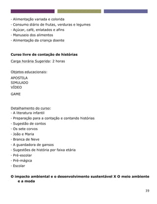 39
- Alimentação variada e colorida
- Consumo diário de frutas, verduras e legumes
- Açúcar, café, enlatados e afins
- Manuseio dos alimentos
- Alimentação da criança doente
Curso livre de contação de histórias
Carga horária Sugerida: 2 horas
Objetos educacionais:
APOSTILA
SIMULADO
VÍDEO
GAME
Detalhamento do curso:
- A literatura infantil
- Preparação para a contação e contando histórias
- Sugestão de contos
- Os sete corvos
- João e Maria
- Branca de Neve
- A guardadora de gansos
- Sugestões de história por faixa etária
- Pré-escolar
- Pré-mágica
- Escolar
O impacto ambiental e o desenvolvimento sustentável X O meio ambiente
e a moda
 