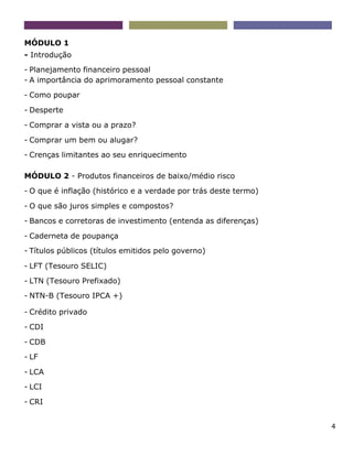 4
MÓDULO 1
- Introdução
- Planejamento financeiro pessoal
- A importância do aprimoramento pessoal constante
- Como poupar
- Desperte
- Comprar a vista ou a prazo?
- Comprar um bem ou alugar?
- Crenças limitantes ao seu enriquecimento
MÓDULO 2 - Produtos financeiros de baixo/médio risco
- O que é inflação (histórico e a verdade por trás deste termo)
- O que são juros simples e compostos?
- Bancos e corretoras de investimento (entenda as diferenças)
- Caderneta de poupança
- Títulos públicos (títulos emitidos pelo governo)
- LFT (Tesouro SELIC)
- LTN (Tesouro Prefixado)
- NTN-B (Tesouro IPCA +)
- Crédito privado
- CDI
- CDB
- LF
- LCA
- LCI
- CRI
 