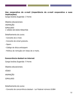 52
Uso corporativo do e-mail (importância do e-mail corporativo e suas
implicações)
Carga horária Sugerida: 2 horas
Objetos educacionais:
ANIMAÇÃO
SIMULADO
1 VÍDEO DE DOIS MINUTOS
Detalhamento do curso:
- Conceito de e-mail.
- Conceito de email gratuito.
- Spam.
- Código de ética antisspam
- Política de remoção em listas de e-mails.
Concorrência desleal na internet
Carga horária Sugerida: 5 horas
Objetos educacionais:
VÍDEO
ANIMAÇÃO
SIMULADO
Detalhamento do curso:
- Conceito de concorrência desleal - Lei Federal número 8.884
 
