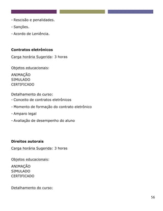 56
- Rescisão e penalidades.
- Sanções.
- Acordo de Leniência.
Contratos eletrônicos
Carga horária Sugerida: 3 horas
Objetos educacionais:
ANIMAÇÃO
SIMULADO
CERTIFICADO
Detalhamento do curso:
- Conceito de contratos eletrônicos
- Momento de formação do contrato eletrônico
- Amparo legal
- Avaliação de desempenho do aluno
Direitos autorais
Carga horária Sugerida: 3 horas
Objetos educacionais:
ANIMAÇÃO
SIMULADO
CERTIFICADO
Detalhamento do curso:
 