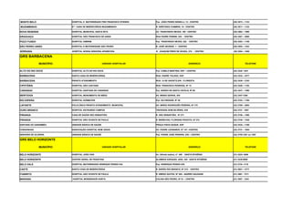 MONTE BELO                 HOSPITAL E MATERNIDADE FREI FRANCISCO STIENEN   Pça JOÃO PEDRO BONELLI, 12 - CENTRO           (35) 3573 – 1133

MUZAMBINHO                 STA CASA DE MISERICÓRDIA MUZAMBINHO             R. ARÍSTIDES COIMBRA, 10 - CENTRO             (35) 3571 – 1122

NOVA RESENDE               HOSPITAL MUNICIPAL SANTA RITA                   AV. TRANCREDO NEVES, 100 - CENTRO             (35) 3562 – 1090

ARAGUAÇU                   HOSPITAL SÃO FRANCISCO DE ASSIS                 RUA PADRE PISININI, 525 - CENTRO              (35) 3267 – 2000

POÇO FUNDO                 HOSPITAL GIMIRIM                                Pça TRANCREDO NEVES, 228 - CENTRO             (35) 3283 – 1158

SÃO PEDRO UNIÃO            HOSPITAL E MATERNIDADE SÃO PEDRO                R. JOSÉ GEORGE, 1 - CENTRO                    (35) 3554 – 1222

SERRANIA                   HOSPITAL NOSSA SENHORA APARECIDA                R. JOAQUIM PIRES DE SOUZA, 275 - CENTRO       (35) 3284 – 1455

GRS BARBACENA
               MUNICÍPIO                             UNIDADE HOSPITALAR                                  ENDEREÇO                   TELEFONE


ALTO DO RIO DOCE           HOSPITAL ALTO DO RIO DOCE                       Pça CAMILO MARTINS, S/Nº – CENTRO             (32) 3345 -1251

BARBACENA                  SANTA CASA DE MISÉRICORDIA                      RUA: PADRE TOLEDO, S/Nº                       (32) 3332 – 2377

BARBACENA                  PRONTO ATENDIMENTO                              RUA: 14 DE AGOSTO,S/N - FLORESTA              (32) 3339 – 2153

CIPOTÂNIA                  HOSPITAL SÃO CAETANO                            RUA: FRANCISCA PEDROSA, Nº 13                 (32) 3348 – 1152

CARANDAÍ                   HOSPITAL SANTANA DE CARANDAÍ                    Pça BARÃO DE SANTA CECÍLIA, Nº 68             (32) 3347 – 1290

IBERTIOGA                  HOSPITAL MONUMENTO ÀS MÃES                      AV. MINAS GERAIS, S/N                         (32) 3347-1290

RIO ESPERA                 HOSPITAL HOSMATER                               Pça DA PIEDADE, Nº 36                         (32) 3753 – 1165

LAFAIETE                   POLICLÍNICA PRONTO ATENDIMENTO MUNICIPAL        AV: MÁRIO RODRIGUÊS PEREIRA, Nº 175           (32) 3769 – 2654

OURO BRANCO                HOSPITAL RAYNUNDO CAMPOS                        TRAVESSA DOM SILVÉRIO, S/N                    (32) 3741 - 1087

PIRANGA                    CASA DE SAÚDE SÃO SEBASTIÃO                     R. SÃO SEBASTIÃO, Nº 271                      (32) 3746 – 1360

PIRANGA                    HOSPITAL SÃO VICENTE DE PAULA                   R. MARECHAL FLORIANO PEIXOTO, Nº 374          (32) 3746 – 1248

SANTANA DO GARAMBÉU        UNIDADE BÁSICA DE SAÚDE                         PRAÇA PAIVA DUQUE, S/Nº                       (32) 3334 – 1169

CONGONHAS                  ASSOCIAÇÃO HOSPITAL BOM JESUS                   AV. PADRE LEONARDO, Nº 147 –CENTRO            (32) 3731 – 1820

SENHORA DE OLIVEIRA        UNIDADE BÁSICA DE SAÚDE                         Pça PADRE JOSÉ PEREIRA, S/N – CENTRO          (32) 3755-1201 ou 1487

GRS BELO HORIZONTE

               MUNICÍPIO                             UNIDADE HOSPITALAR                                  ENDEREÇO                   TELEFONE


BELO HORIZONTE             HOSPITAL JOÃO XXIII                             Av. Alfredo balena, nº 400 - SANTA EFIGÊNIA   (31) 3224- 4000

BELO HORIZONTE             CENTRO GERAL DE PEDIATRIA                       ALAMEDA EZEQUIEL dIAS, 345 - SANTA EFIGÊNIA   (31) 3239-9000

BELO VALE                  HOSPITAL MATERNIDADE HENRIQUE PENIDO S/A        Pça HENRIQUE PENIDO S/N                       (31) 3734 -1110

CAETÉ                      SANTA CASA DE MISERICÓRDIA                      R. BARÃO RIO BRANCO, Nº 315 - CENTRO          (31) 3651 – 3777

ITABIRITO                  HOSPITAL SÃO VICENTE DE PAULA                   R. EMÍDIO QUITES, Nº 355 – BAIRRO SAUDADE     (31) 3561 - 7311

MARIANA                    HOSPITAL MONSENHOR HORTA                        COLINA SÃO PEDRO, Nº 01 – CENTRO              (31) 3557 - 1224
 