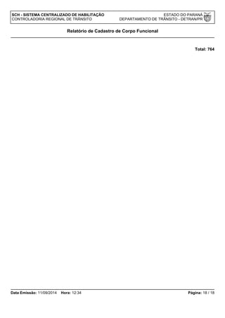 SCH - SISTEMA CENTRALIZADO DE HABILITAÇÃO ESTADO DO PARANÁ 
CONTROLADORIA REGIONAL DE TRÂNSITO DEPARTAMENTO DE TRÂNSITO - DETRAN/PR 
Total: 764 
Relatório de Cadastro de Corpo Funcional 
Data Emissão: 11/09/2014 Hora: 12:34 Página: 18 / 18 
