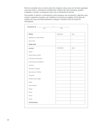 Devem consultar um ao outro antes de comprar coisas caras ou de fazer qualquer
     coisa que afete o orçamento estabelecido. Depois das duas semanas, podem
     comparar a renda e as despesas reais com as estimativas iniciais.
     Para ajudar os alunos a entenderem como preparar um orçamento, diga-lhes que
     vejam o seguinte exemplo, que também se encontra na página 32 do guia de
     estudos do curso de Relacionamento Conjugal e Familiar Guia de Estudo do
     Participante.


        Orçamento de —————————————— a ——————————————
                           data             data




          RENDA                             ESTIMADA           REAL


          Pagamento ou salário líquido


          Outra renda

          Renda total


          GASTOS                            ESTIMADOS          REAIS


          Dízimo


          Outras doações à Igreja


          Economias de longo-prazo


          Economias para emergências


          Alimentos


          Prestações ou aluguel


          Água, luz, gás e telefone


          Transporte


          Dívidas/Contas a pagar


          Seguro


          Gastos médicos


          Roupas


          Outros


          Outros


          Outros


          Total de gastos




38
 