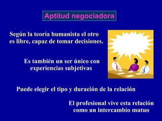 Según la teoría humanista el otro es libre, capaz de tomar decisiones. Es también un ser único con experiencias subjetivas Puede elegir el tipo y duración de la relación El profesional vive esta relación como un intercambio mutuo Aptitud negociadora 