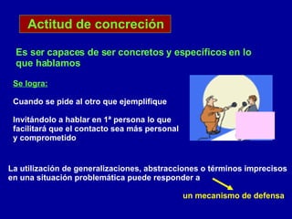 Actitud de concreción   Es ser capaces de ser concretos y específicos en lo  que hablamos Se logra: Cuando se pide al otro que ejemplifique Invitándolo a hablar en 1ª persona lo que  facilitará que el contacto sea más personal y comprometido La utilización de generalizaciones, abstracciones o términos imprecisos  en una situación problemática puede responder a un mecanismo de defensa 